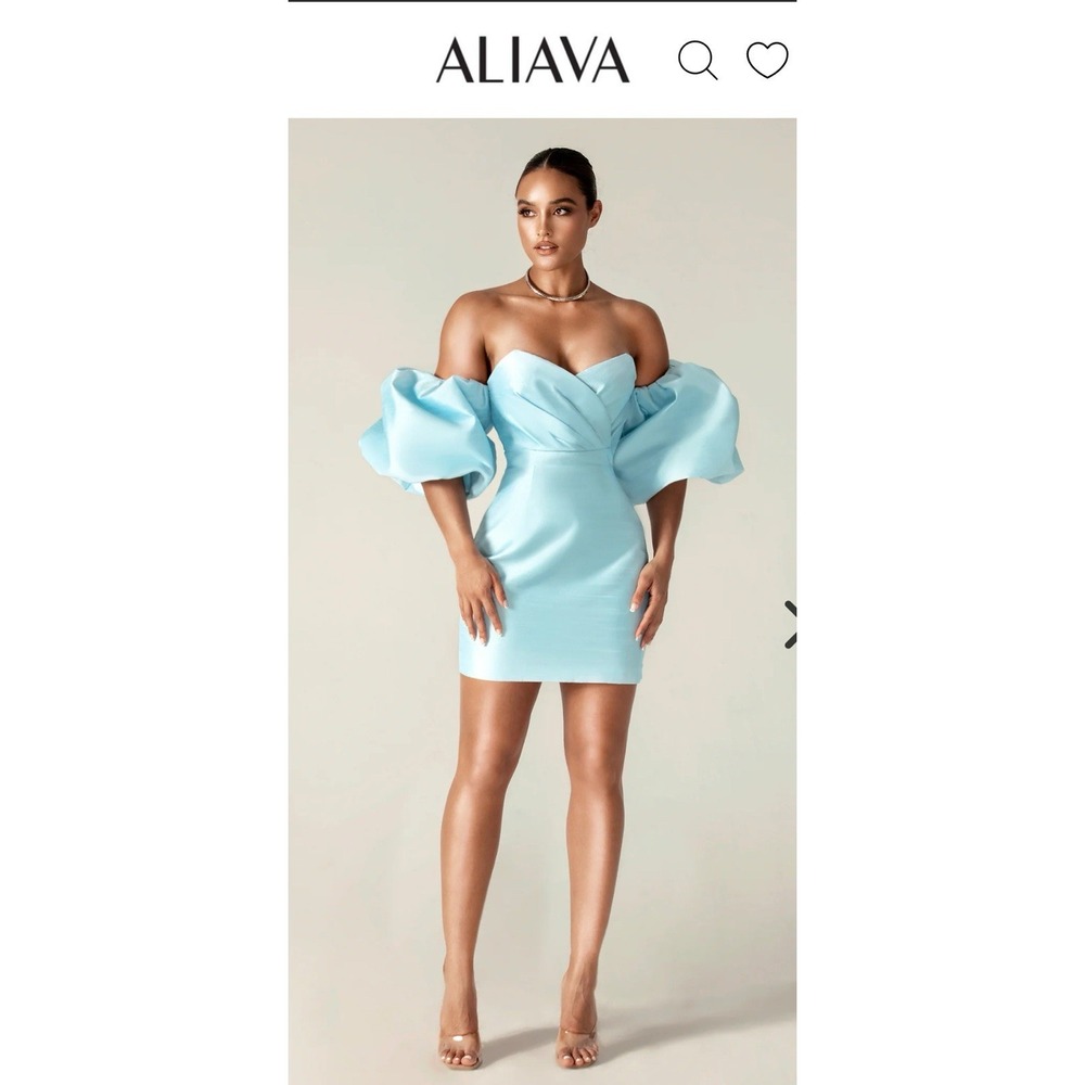 New! $285 ALIEVA KAYLA DUPIONI PUFF SLEEVE MINI DRESS (SKY BLUE) Medium